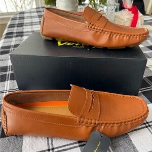 Vostey Tan Leather Slip-On Loafers
